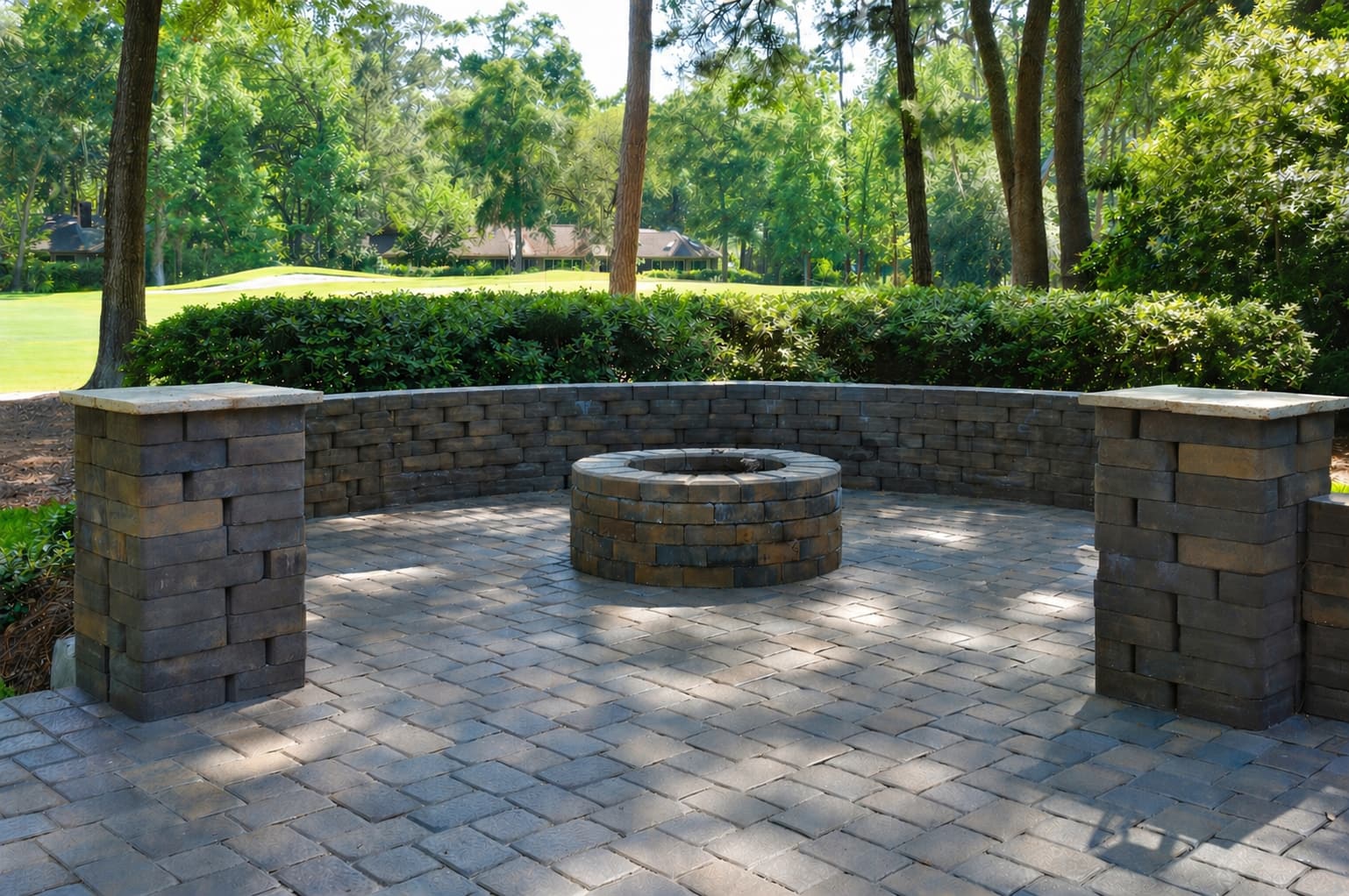 Circular stone fire pit set into a paver patio with clearance to surrounding seating