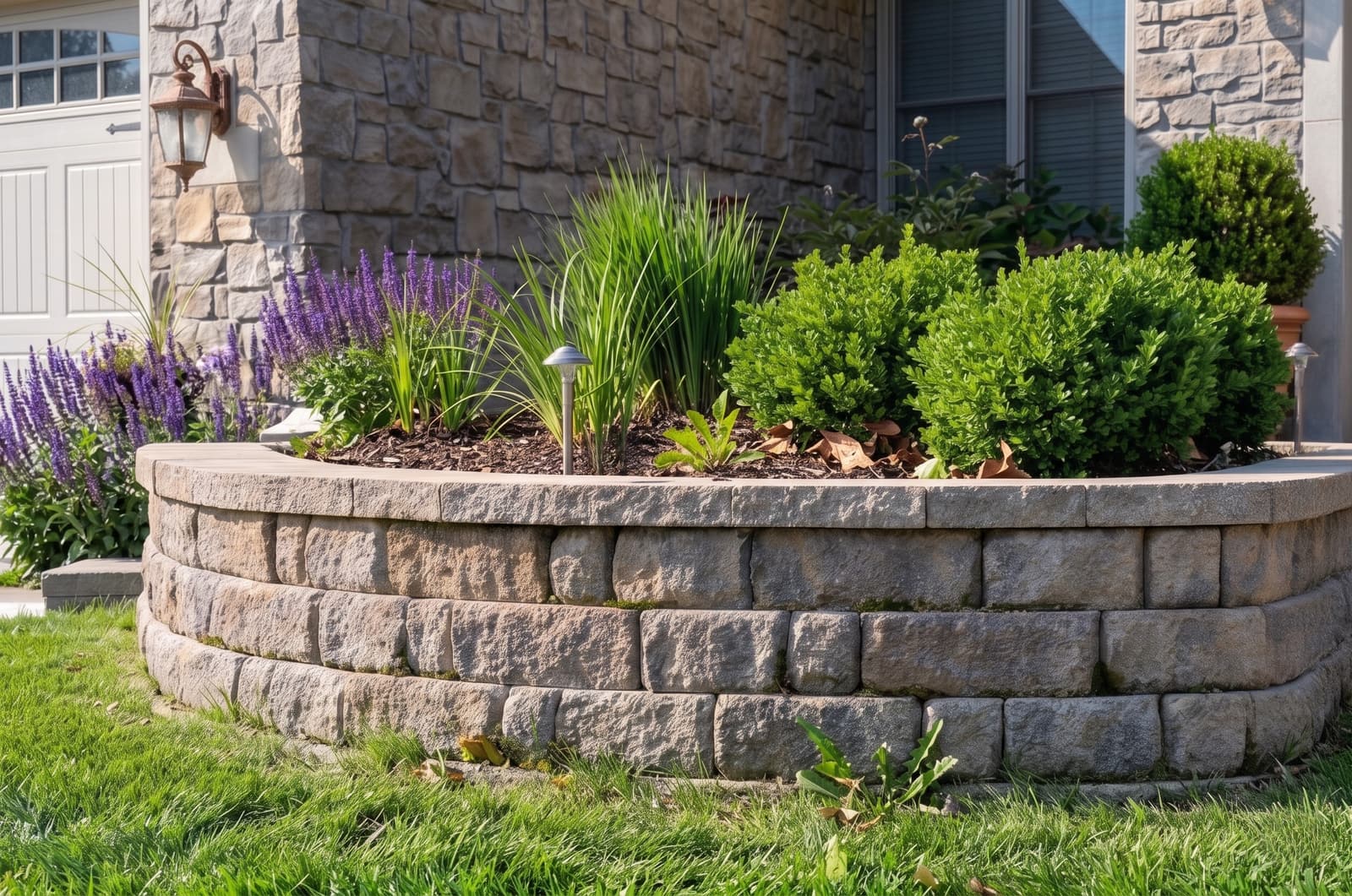 Segmental block retaining wall with a capped top course on a residential lot