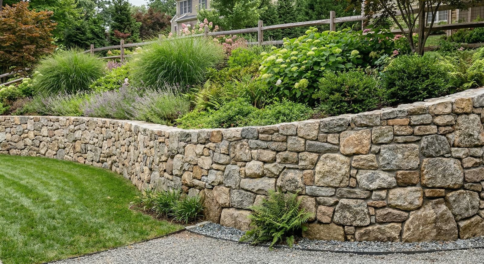 Stone retaining wall face showing the capped course and the grade it retains