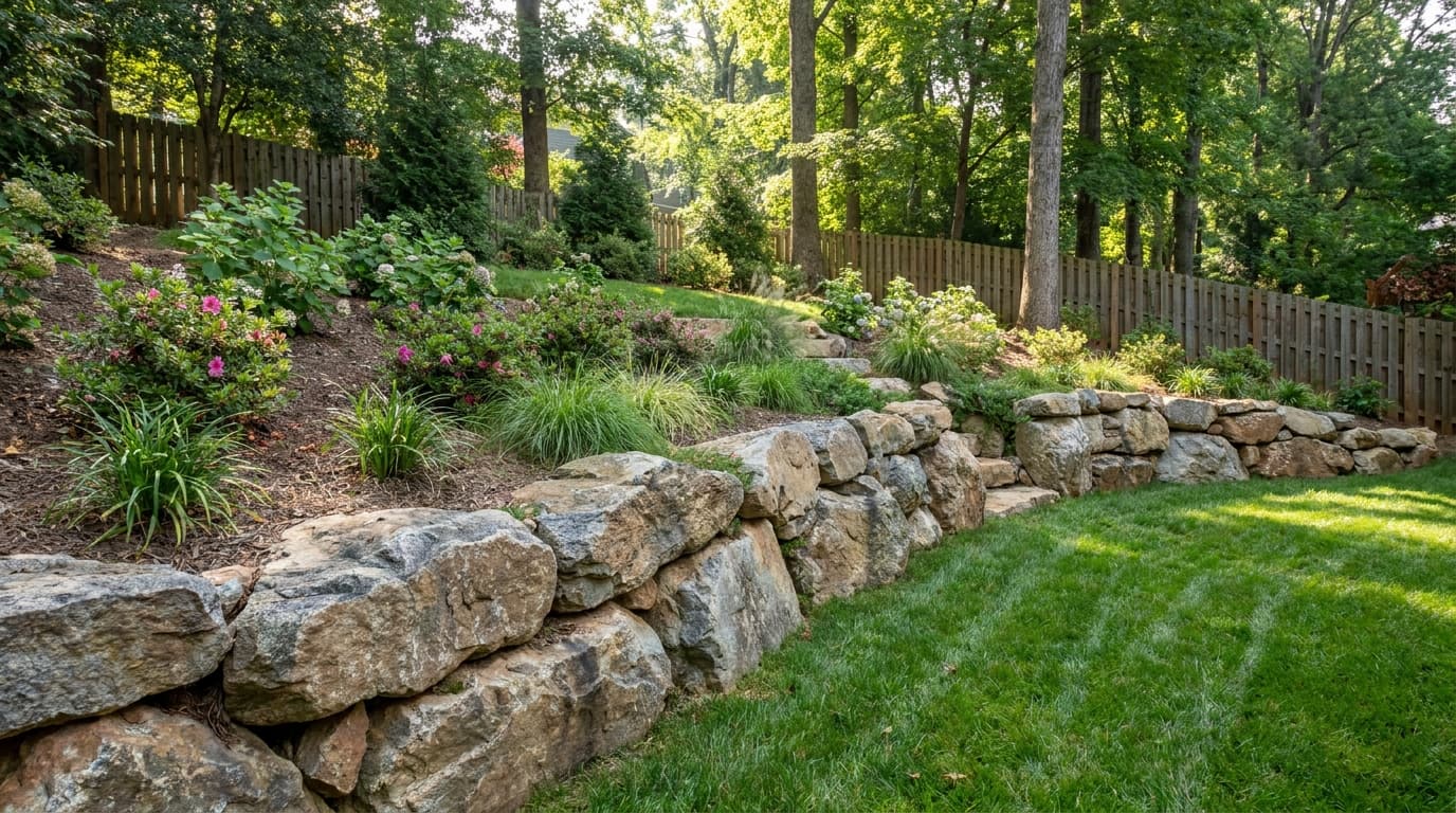 Natural boulder retaining wall retaining a graded slope in a Charlotte backyard