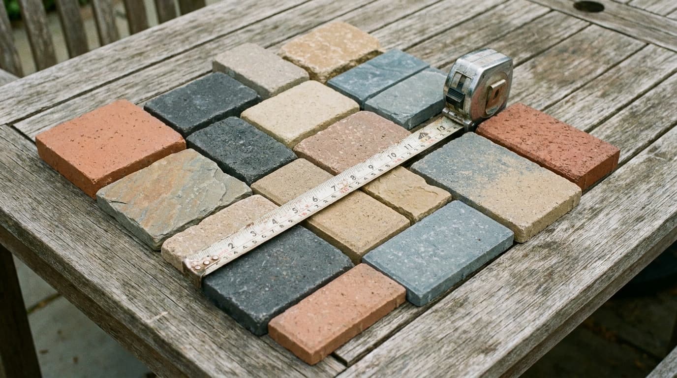 Paver material samples and a tape measure laid out for comparing project quotes