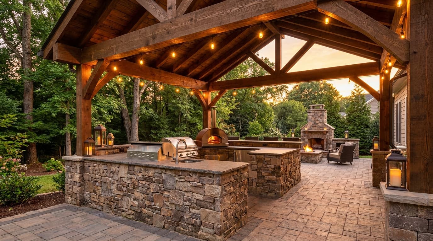 Covered outdoor kitchen with a roof structure over a paver patio in a Charlotte backyard