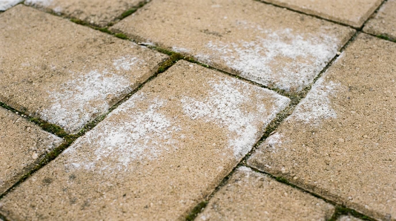 Close-up of white efflorescence haze on a concrete paver surface