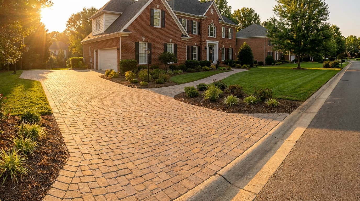 Finished paver driveway and walkway leading to a Charlotte home at golden hour