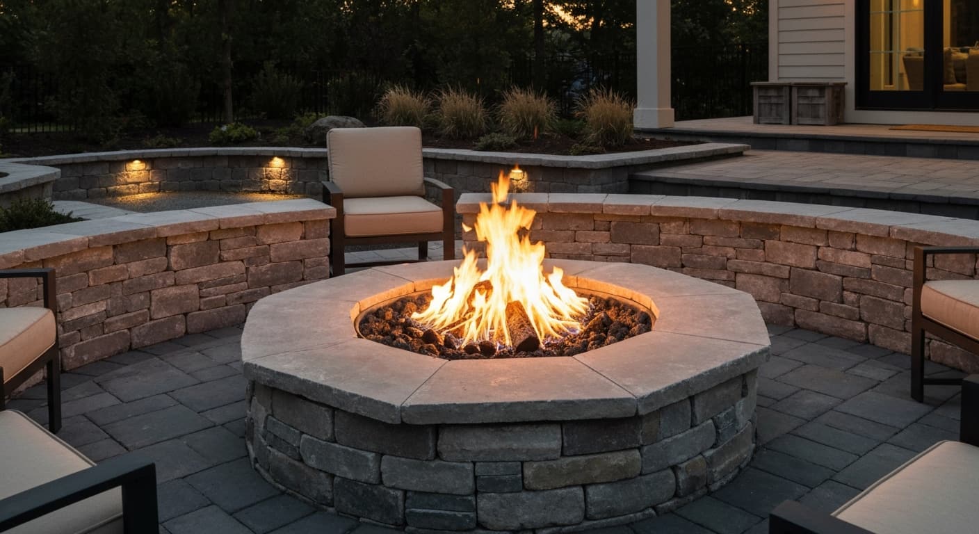 Paver patio and fire feature photographed at dusk with warm ambient light