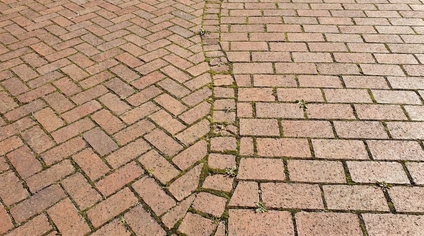 Herringbone-pattern paver driveway next to a section laid in running bond