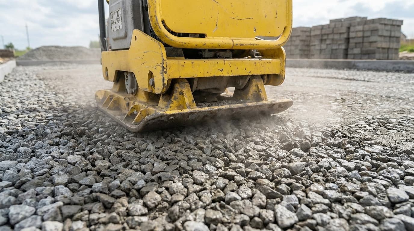 Crushed stone base material being spread and compacted before paver installation