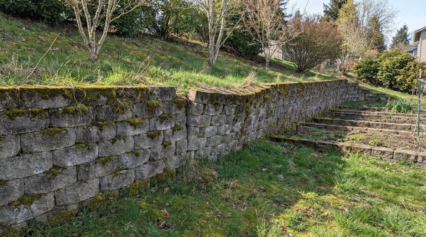 Segmental block retaining wall showing a leaning section along a sloped yard
