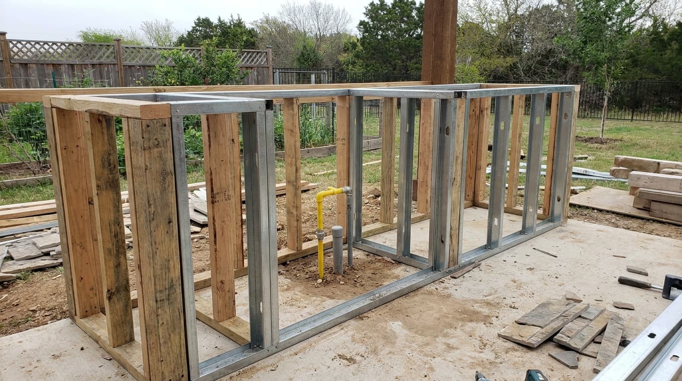 Outdoor kitchen framing under construction showing gas and electrical rough-in
