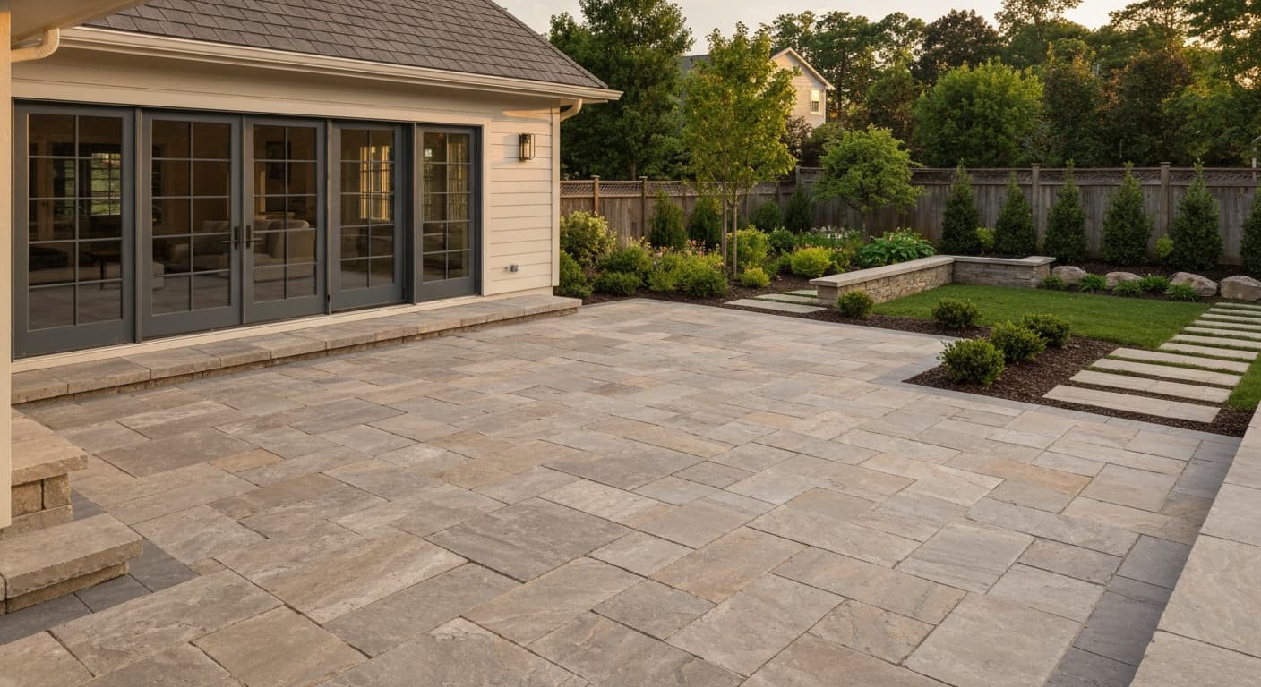 Light-toned premium paver patio with outdoor seating in warm evening light