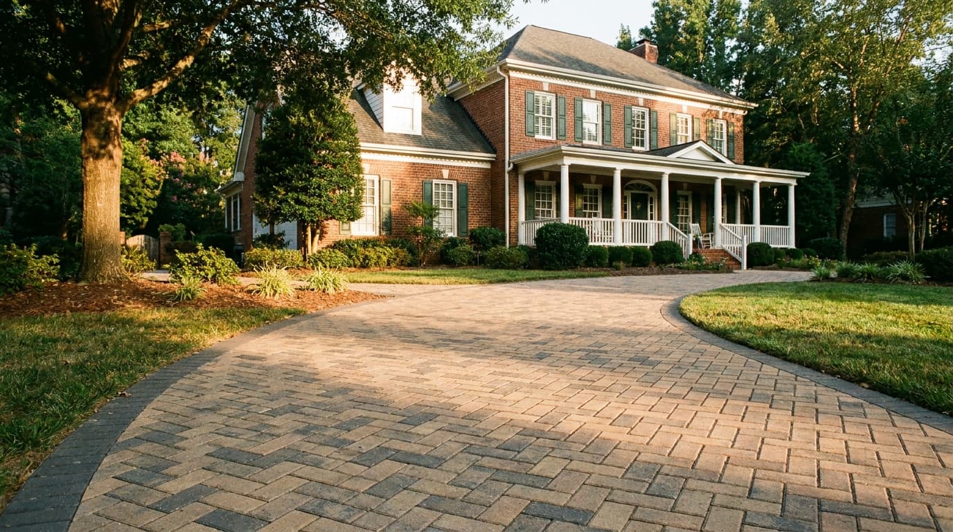 Tan and charcoal paver driveway leading up to a red brick Charlotte home