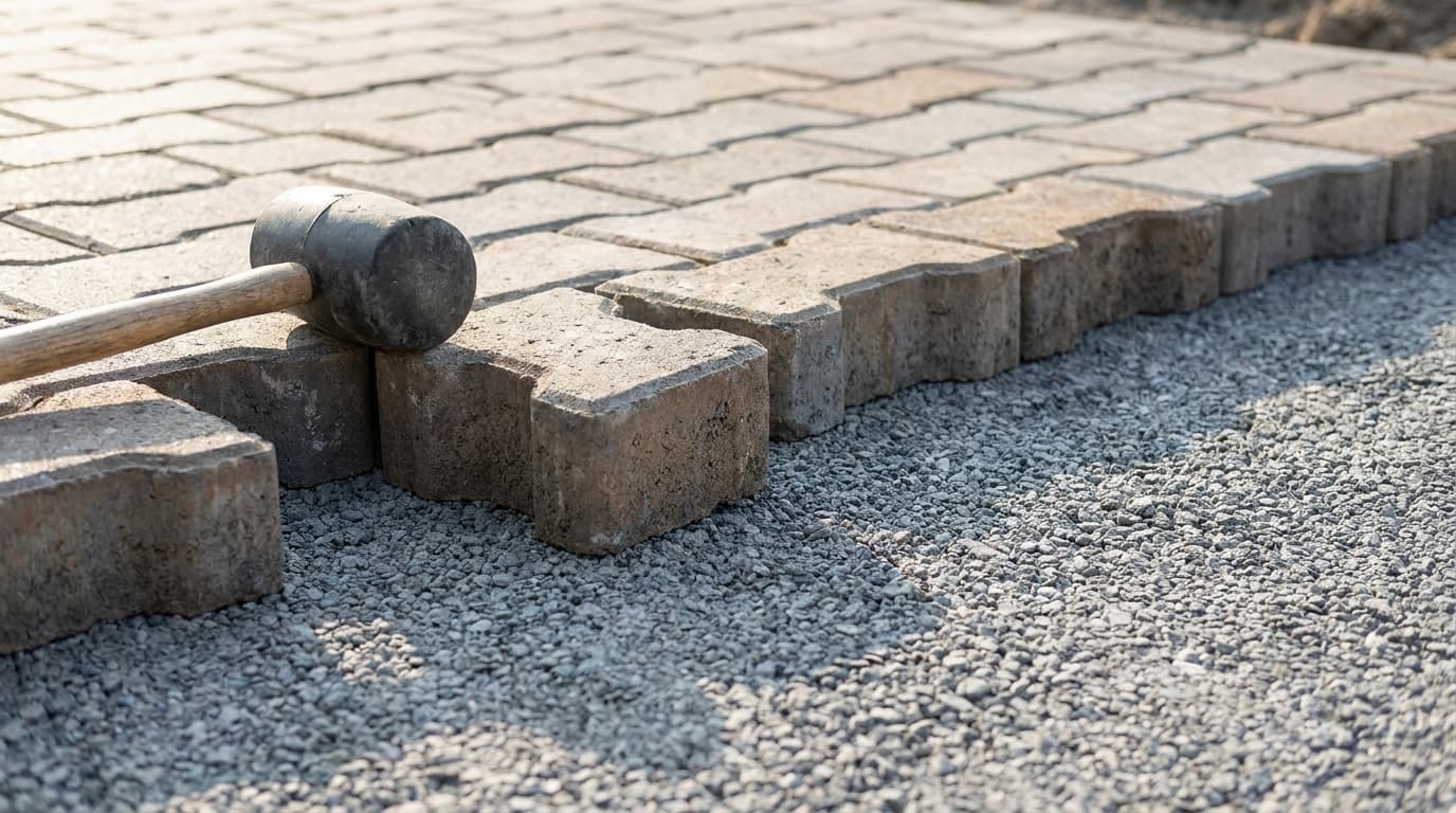 Thick concrete pavers being set into a compacted driveway base