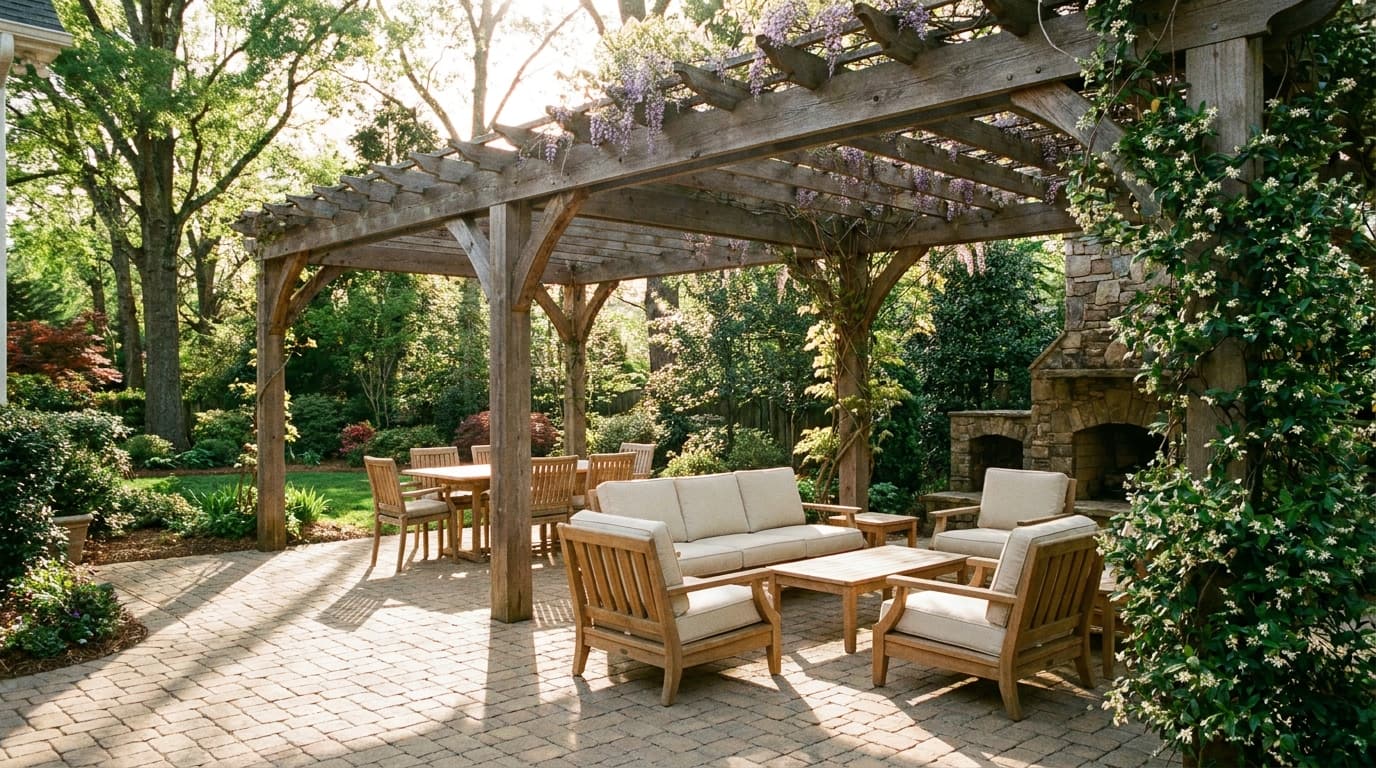 Wooden pergola over a finished paver patio in a Charlotte backyard