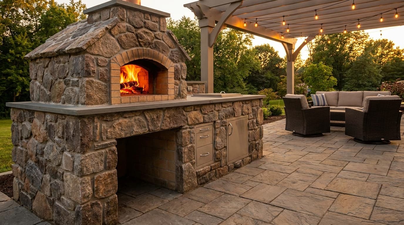Wood-fired brick pizza oven built into an outdoor kitchen island on a paver patio