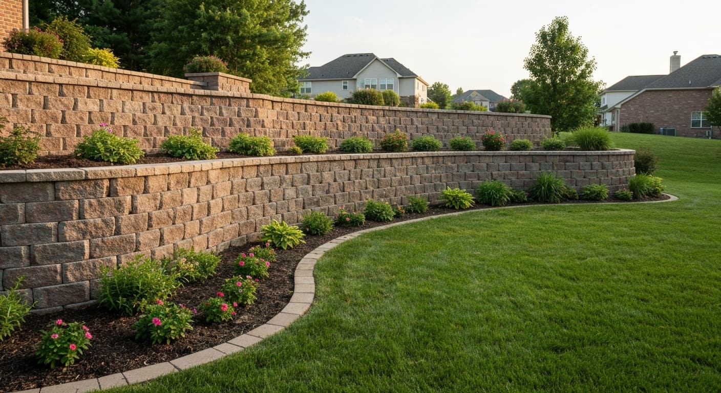 Block retaining wall stepping down a residential slope to create level lawn
