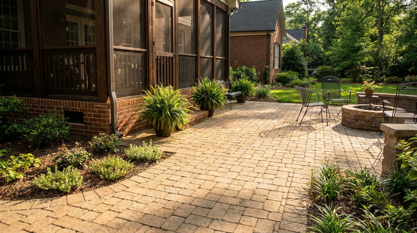 Paver patio flooring extending from a screened porch on a Charlotte home