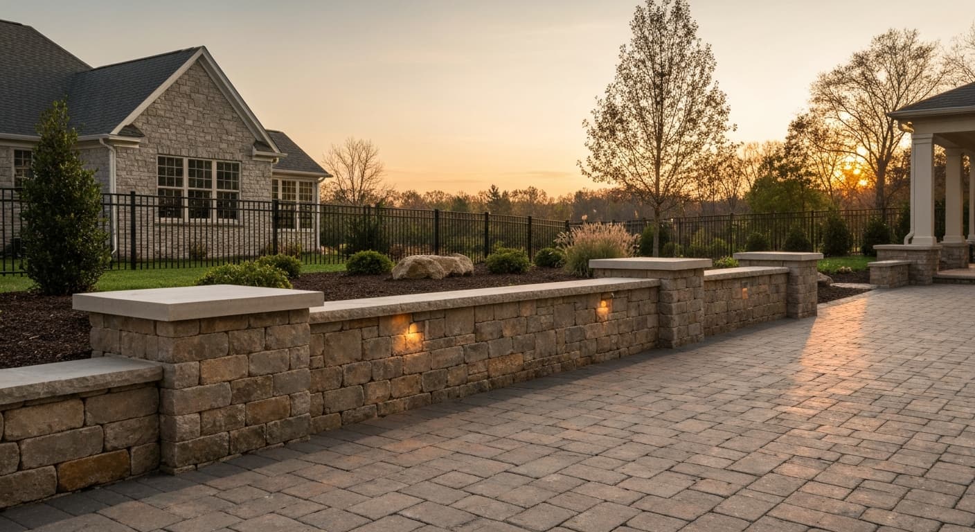 Paver patio with a low capped sitting wall along its perimeter