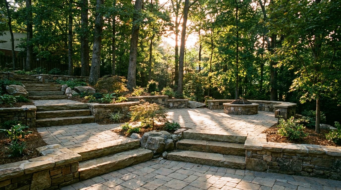 Terraced paver patio and stone steps built into a steep sloped Charlotte backyard