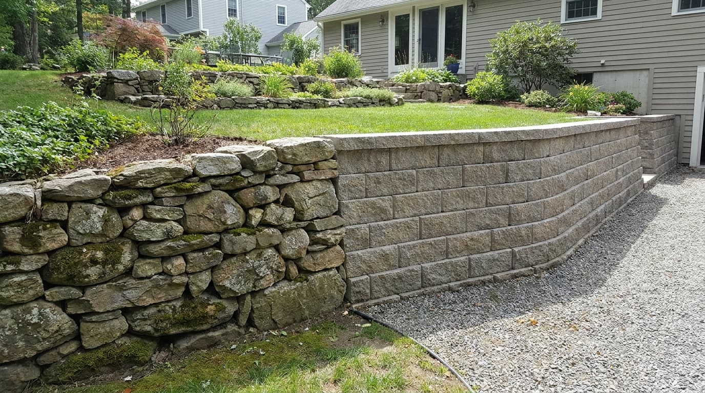 Natural stone retaining wall beside a manufactured segmental block retaining wall
