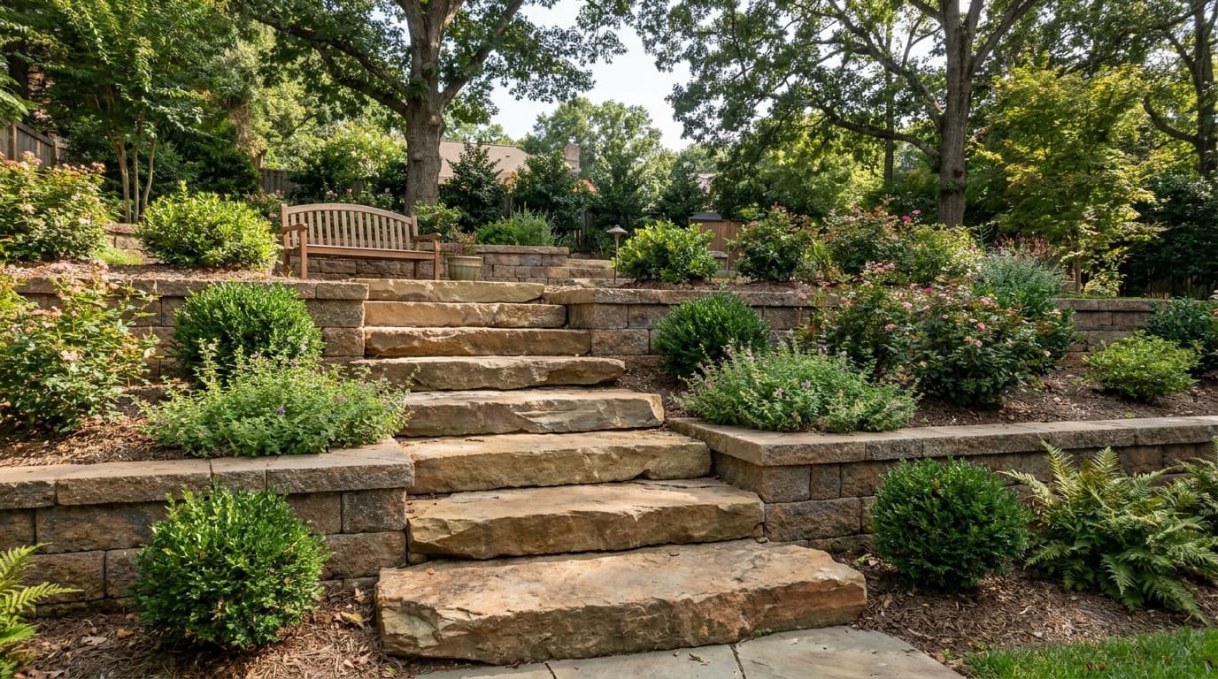 Natural stone steps built into a terraced retaining wall on a sloped Charlotte backyard
