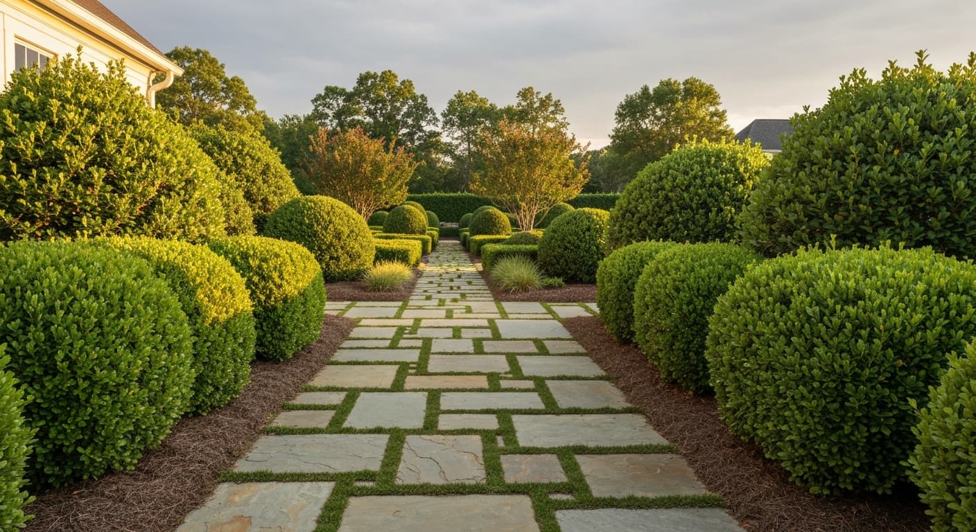 Stone walkway curving through planting beds with the ground graded to shed water