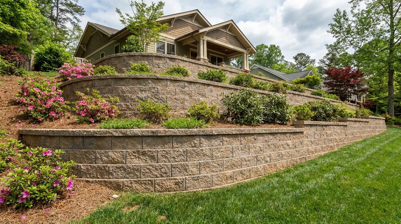 Tall segmental retaining wall terracing a sloped residential lot in Mecklenburg County